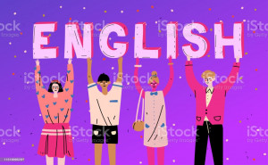 Diverse people holding letters word English. Learn language.